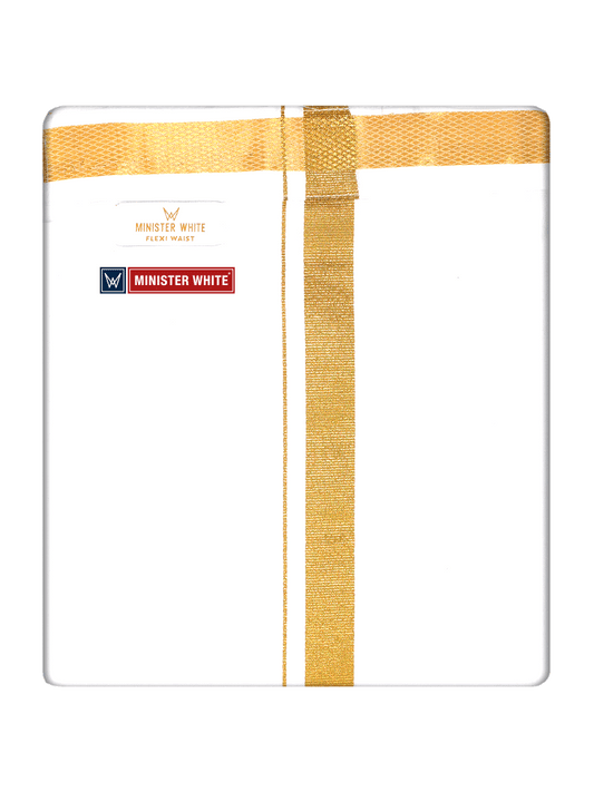 Mens Cotton White Single Layered with Gold Jari Velcro Pocket Dhoti - Trigger by Minister White