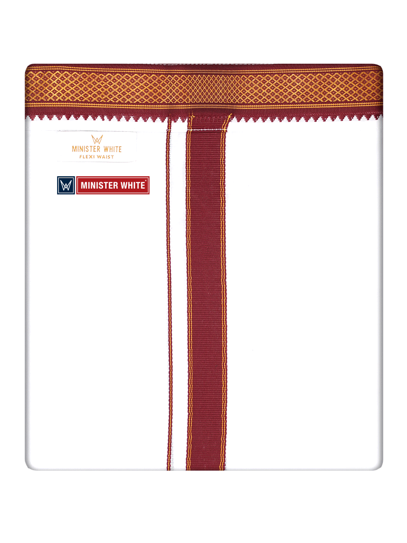 Mens Cotton White Colour Double Layered with Myilkhgan Border Velcro Pocket Dhoti - Kanishka by Minister White