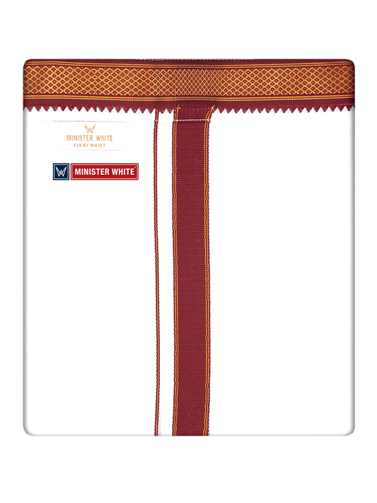 Mens Cotton White Colour Double Layered with Myilkhgan Border Velcro Pocket Dhoti - Kanishka by Minister White