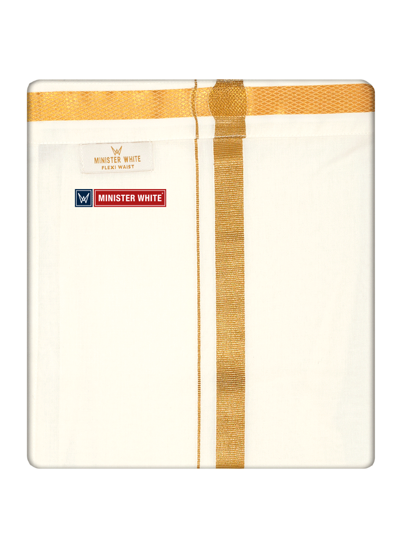 Men's Cotton Cream Double Layered with 1/2" Gold Jari Velcro Pocket Dhoti - Energy