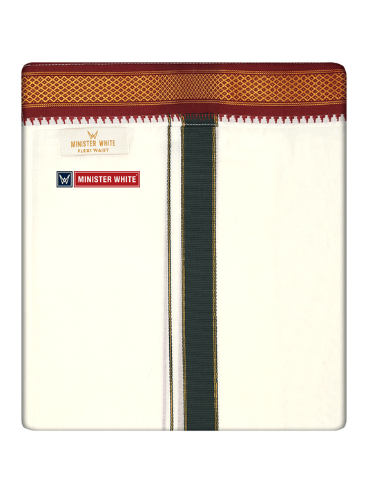 Mens Cotton Cream Double Layer with Myilkhgan Border Velcro Pocket Dhoti - Kanishka by Minister White