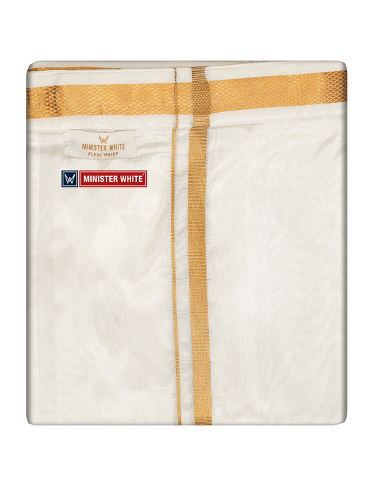 Mens Cotton Cream Double Layered with Gold Jari Flexi Dhoti - Chairman by Minister White
