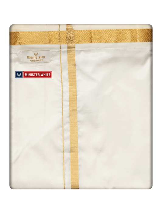 Mens Cotton Cream Double Layered with Gold Jari Velcro Pocket Dhoti - Trueman by Minister White