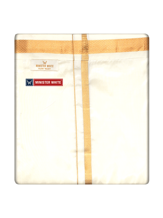 Mens Cotton Cream Double Layered with Gold Jari Velcro Pocket Dhoti - Royal by Minister White