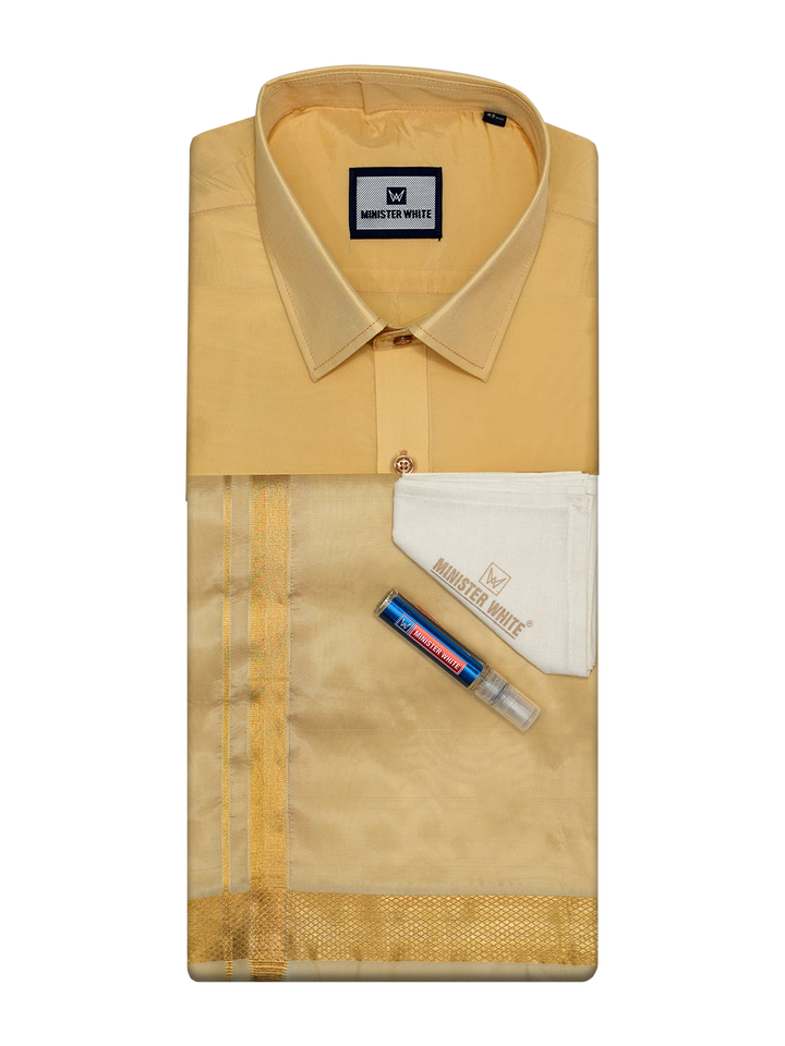 Mens Art Silk Medium Gold Full Sleeves Shirt with Gold Jari Border Dhoti Combo Finesse by Minister White