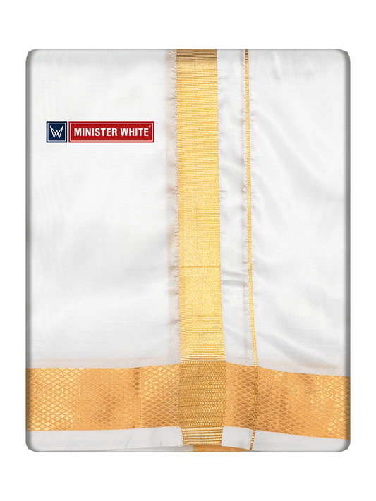 Mens Art Silk Double Layer White Dhoti with 70K Gold Jari Border - Marshal 70K by Minister White