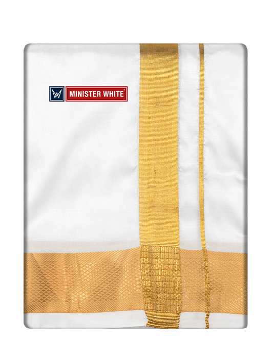 Mens Art Silk Double Layer White Dhoti with 100K Gold Jari Border - Marshal 100K by Minister White