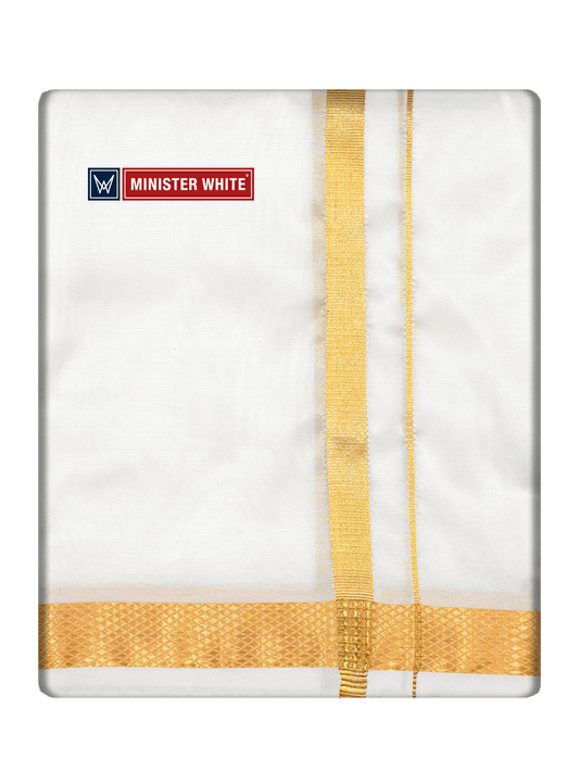 Mens Art Silk Double Layer White Dhoti with 50K Gold Jari Border - Marshal 50K by Minister White