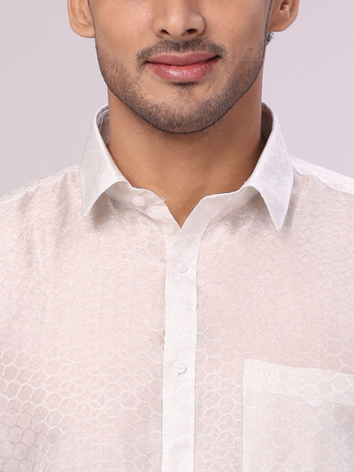 Men's Art Silk Half White Jacquard Full Sleeves Shirt with 2 1/2" Silver Jari Border Dhoti Combo Spruce