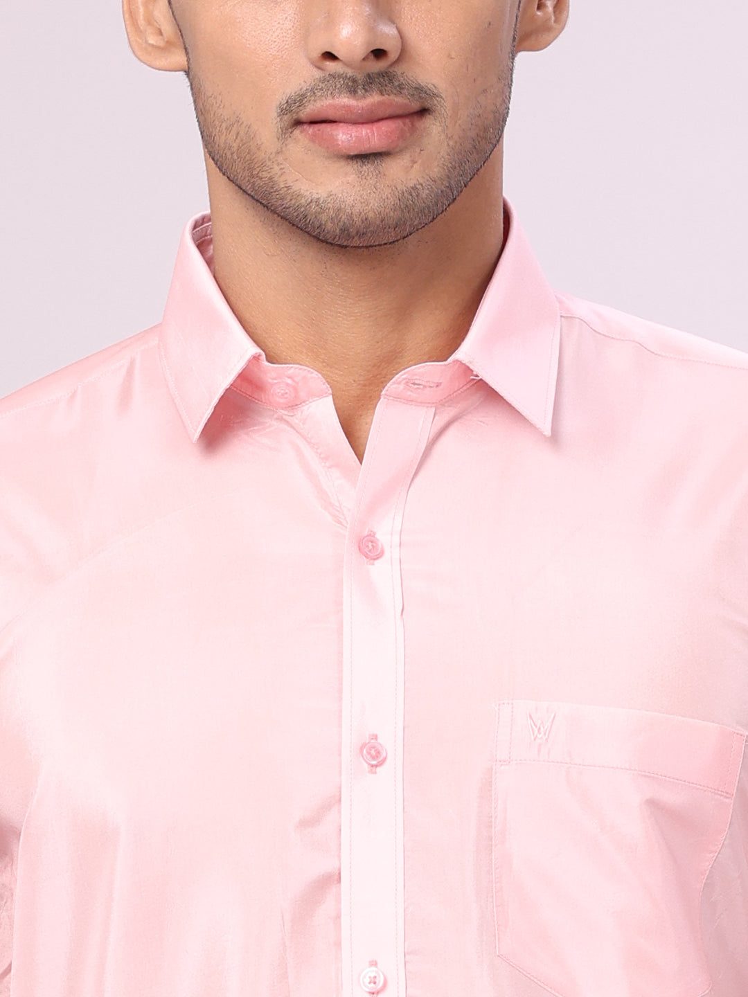 Men's Plain Art Silk Pink Full Sleeves Shirt with 3" Jacquard Jari Border Dhoti Combo Mangal