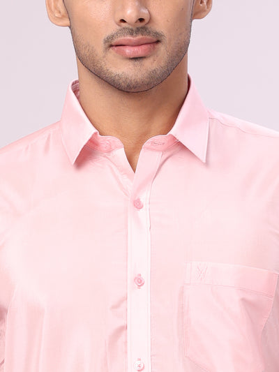 Men's Plain Art Silk Pink Full Sleeves Shirt with 3" Jacquard Jari Border Dhoti Combo Mangal