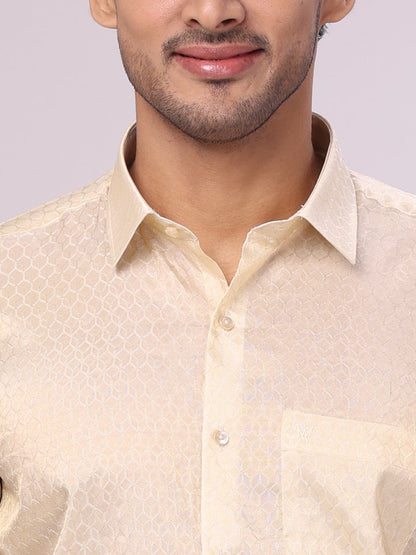 Men's Art Silk Cream Jacquard Full Sleeves Shirt with 2 1/2" Gold Jari Border Dhoti Combo Spruce