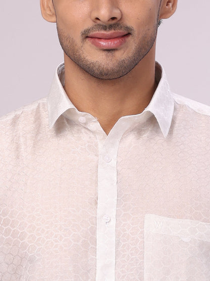 Men's Art Silk Half White Jacquard Full Sleeves Shirt with 2 1/2" Silver Jari Border & Towel Dhoti Combo Spruce