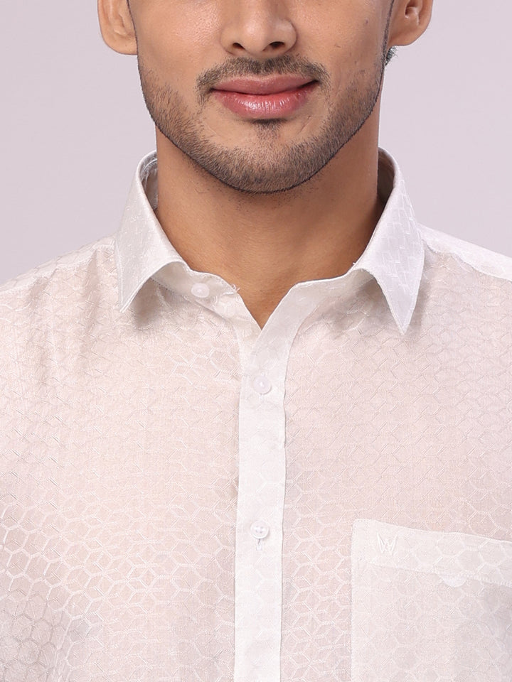Men's Art Silk Half White Jacquard Full Sleeves Shirt with 2 1/2" Silver Jari Border & Towel Dhoti Combo Spruce