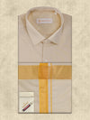 Mens Art Silk Fawn Gold Full Sleeves Shirt with Gold Jari Border Dhoti Combo Finesse
