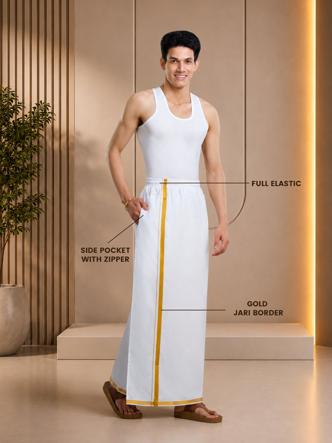 Men's Easy to Wear Flexi 2.0 White Gold Jari Full Elastic Dhoti with Pocket