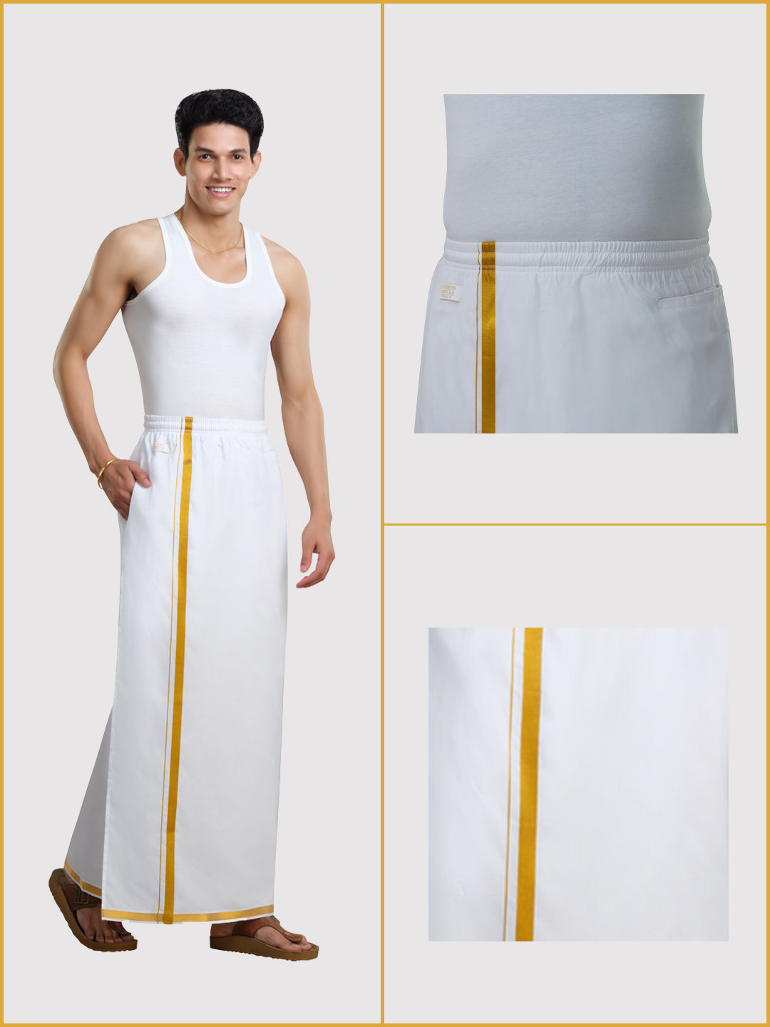 Men's Easy to Wear Flexi 2.0 White Gold Jari Full Elastic Dhoti with Pocket