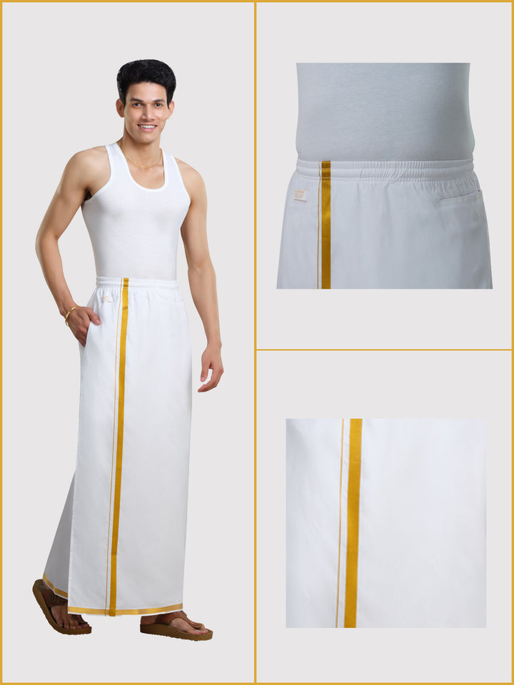 Men's Easy to Wear Flexi 2.0 White Gold Jari Full Elastic Dhoti with Pocket