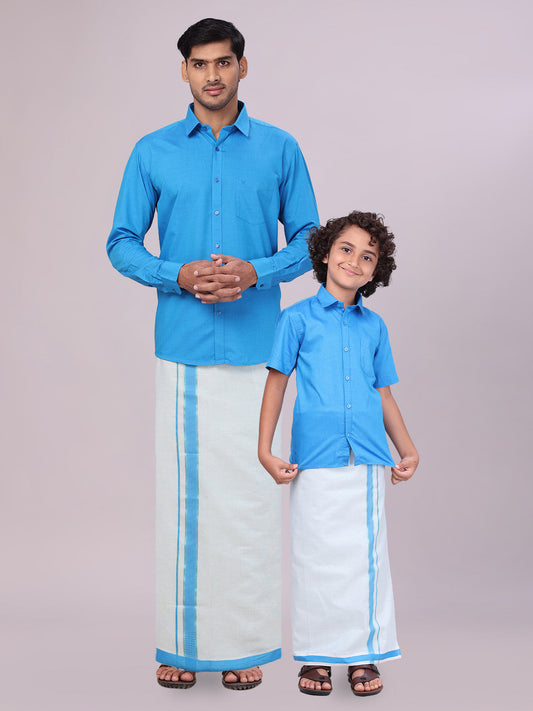 Father & Son Blue Color Cotton Shirt with Matching Border Tissue Dhoti Combo