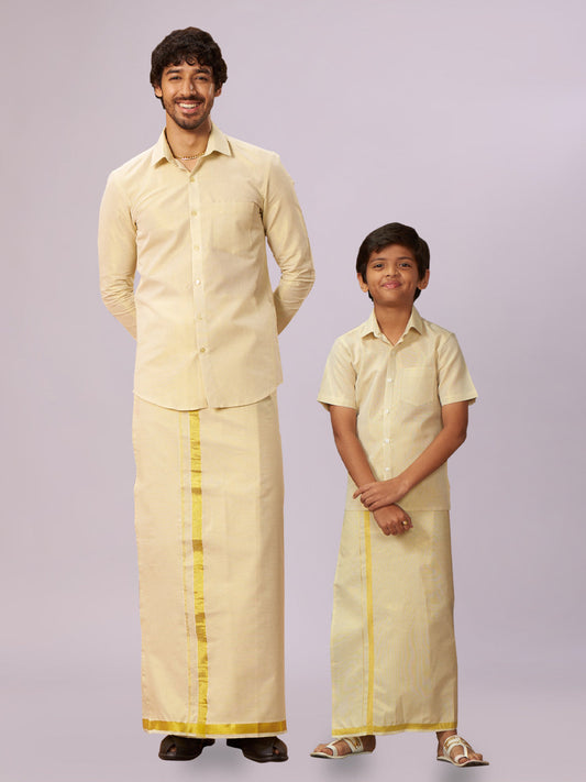 Father & Son Brass Color Tissue Shirt with Jari Dhoti Combo