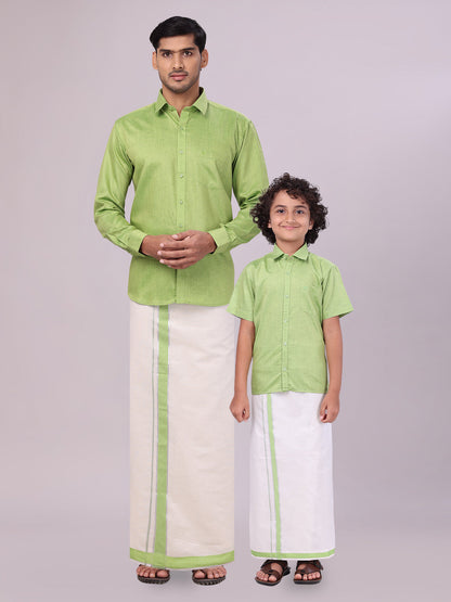 Father & Son Light Green Color Cotton Shirt with Matching Border Tissue Dhoti Combo