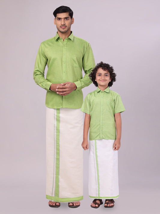 Father & Son Light Green Color Cotton Shirt with Matching Border Tissue Dhoti Combo