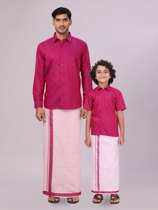 Father & Son Magenta Color Cotton Shirt with Matching Border Tissue Dhoti Combo