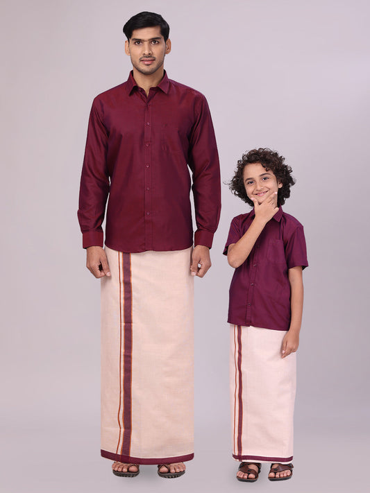 Father & Son Maroon Color Cotton Shirt & Matching Border Tissue Dhoti Combo
