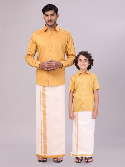 Father & Son Mustard Color Cotton Shirt with Matching Border Tissue Dhoti Combo