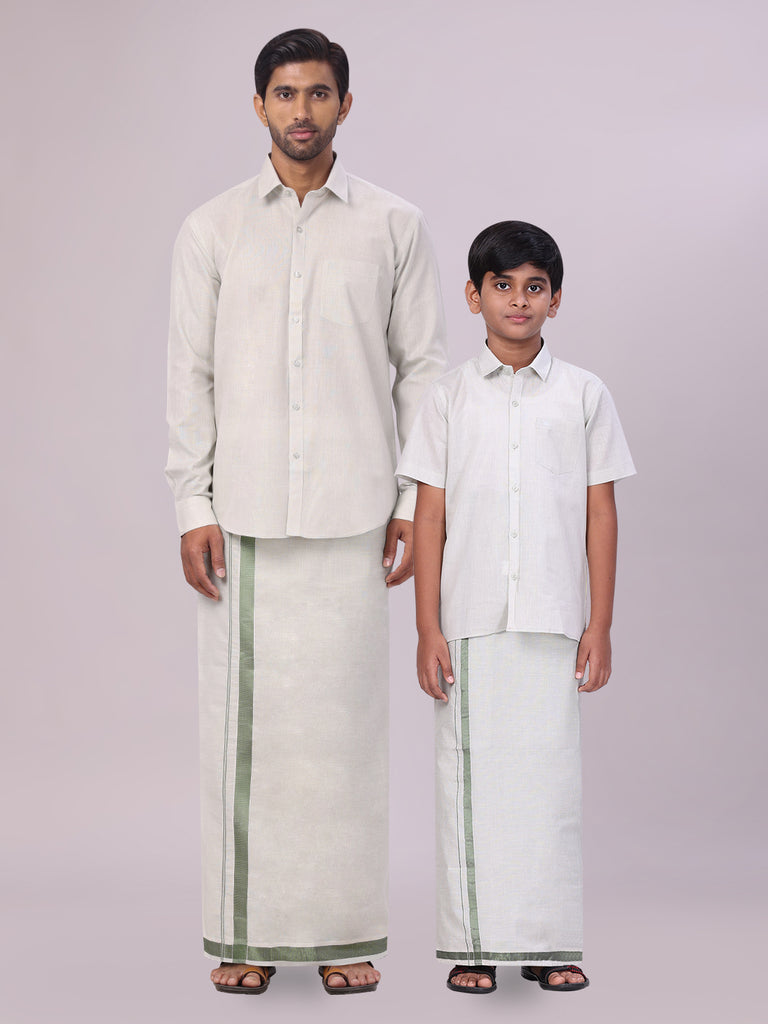 Father Son Olive Green Color Tissue Shirt with Jari Dhoti