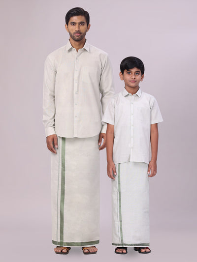 Father & Son Olive Green Color Tissue Shirt with Jari Dhoti Combo