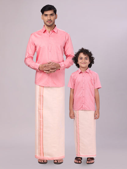 Father & Son Pink Colour Cotton Shirt with Matching Border Tissue Dhoti Combo