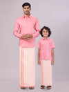 Father & Son Pink Colour Cotton Shirt with Matching Border Tissue Dhoti Combo
