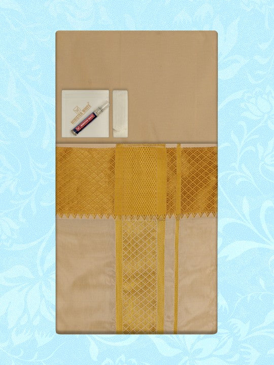 Men's Premium Art Silk Fawn Gold Shirt Bit with 3" Gold Jari Border Dhoti Combo Tilak