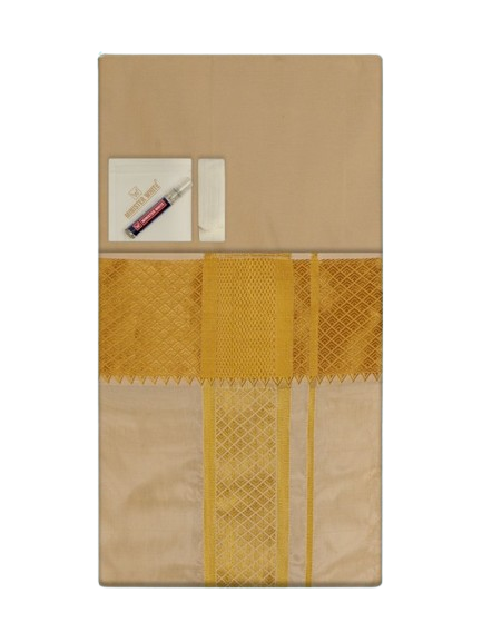 Men's Premium Art Silk Fawn Gold Shirt Bit with 3" Gold Jari Border Dhoti Combo Tilak