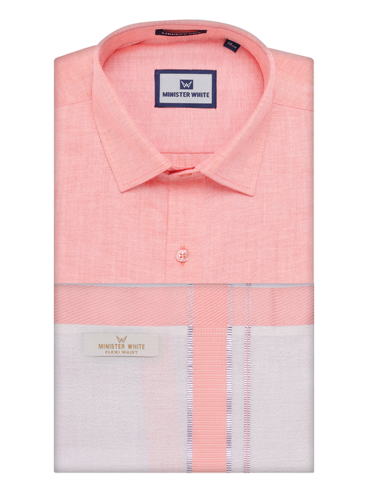 Men's Cotton Peach Shirt with Tissue Matching Border Flexi Dhoti Wedding Combo Kandala