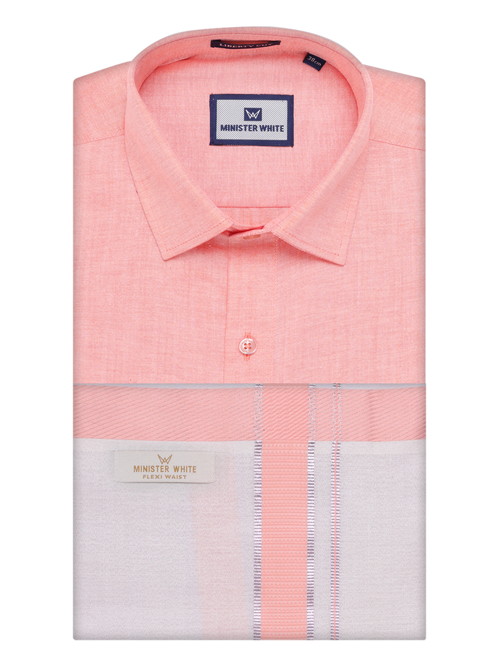 Men's Cotton Peach Shirt with Tissue Matching Border Flexi Dhoti Wedding Combo Kandala