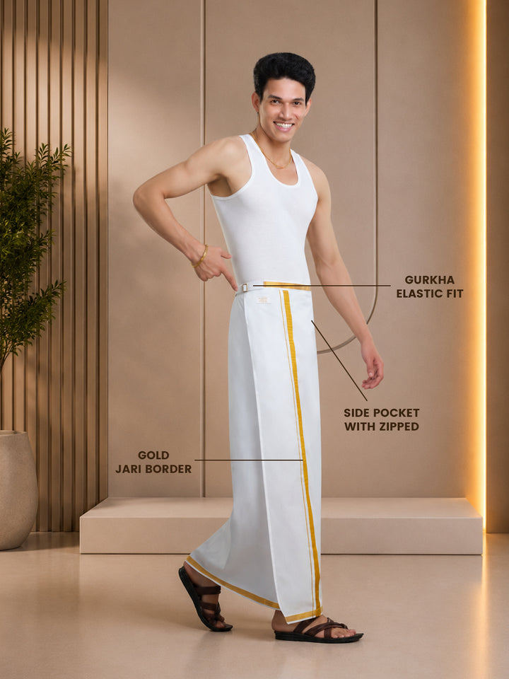 Men's Easy to Wear Flexi 2.0 White Gold Jari Side Gurkha Dhoti with Pocket