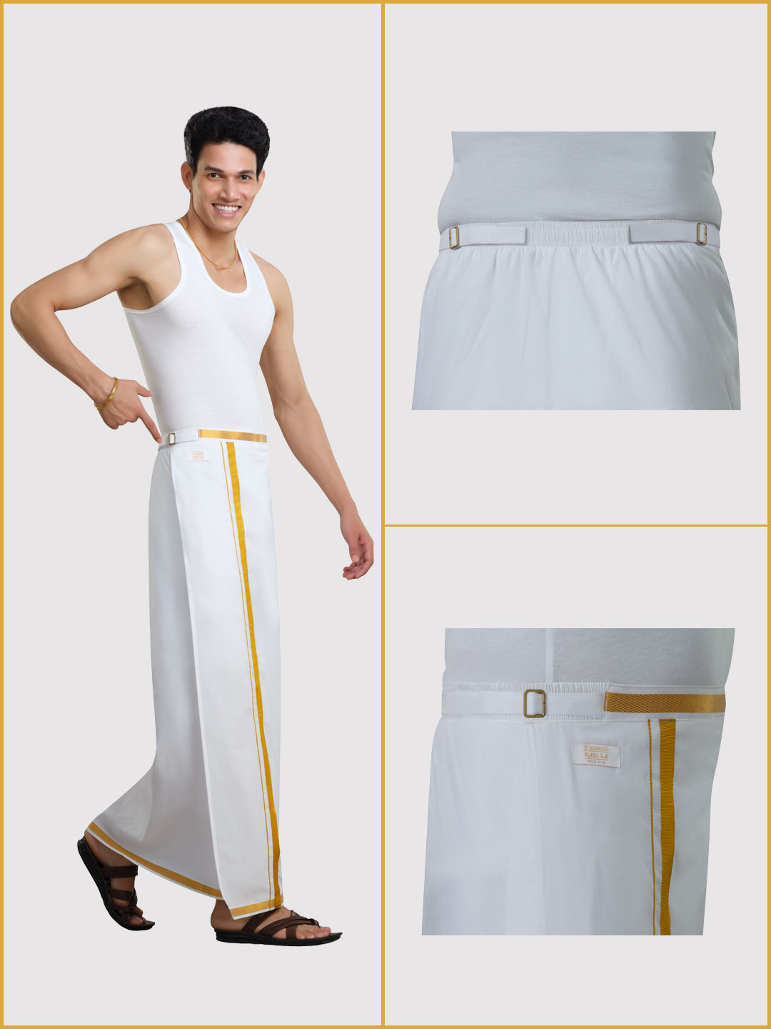 Men's Easy to Wear Flexi 2.0 White Gold Jari Side Gurkha Dhoti with Pocket