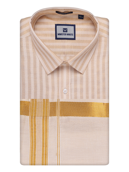 Mens Tissue Stripes Gold Shirt with Plain Jari Border Dhoti Wedding Combo Carter by Minister White