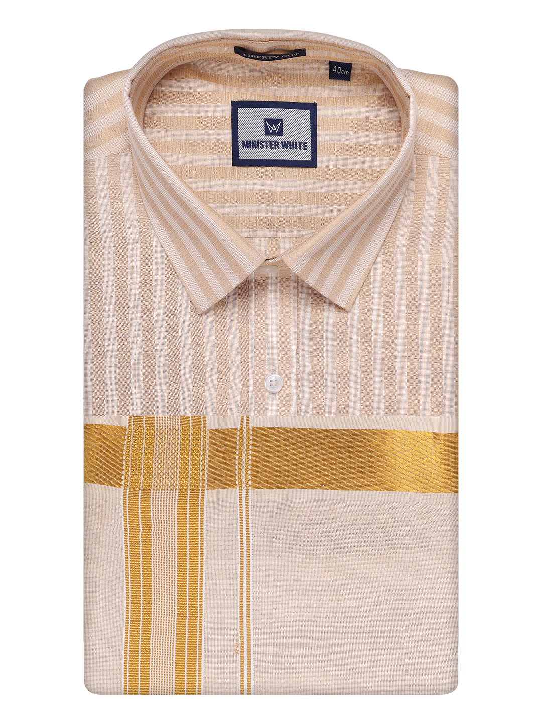 Mens Tissue Stripes Gold Shirt with Plain Jari Border Dhoti Wedding Combo Carter by Minister White