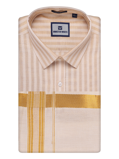 Mens Tissue Stripes Gold Shirt with Plain Jari Border Dhoti Wedding Combo Carter by Minister White