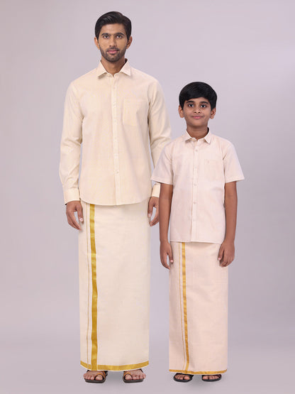 Father & Son Gold Color Tissue Shirt with Jari Dhoti Combo