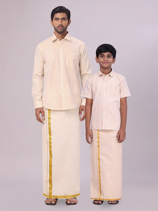 Father & Son Gold Color Tissue Shirt with Jari Dhoti Combo