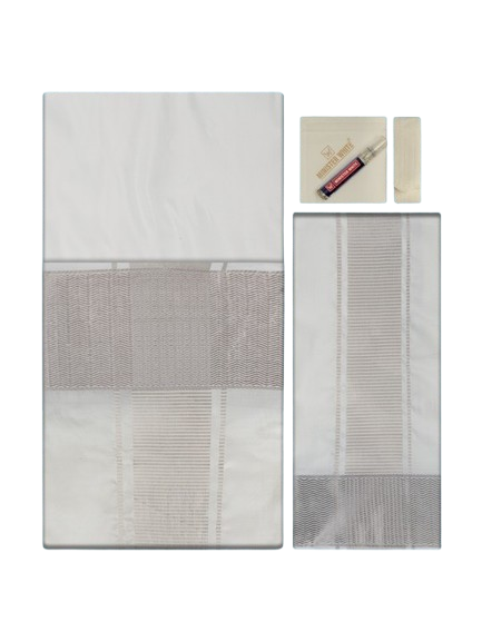 Men's Premium Art Silk Half White Silver Shirt Bit with 4" Gold Jari Border Dhoti Towel Combo Tilak