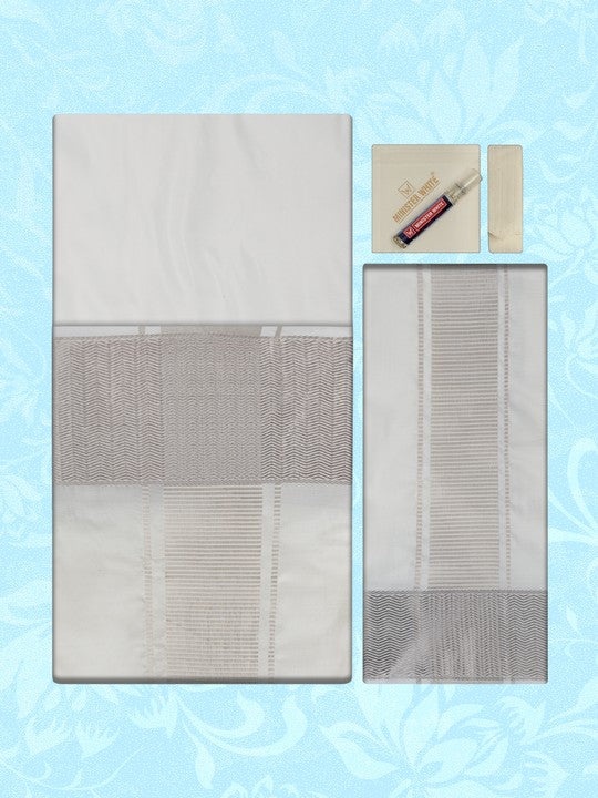 Men's Premium Art Silk Half White Silver Shirt Bit with 4" Gold Jari Border Dhoti Towel Combo Tilak