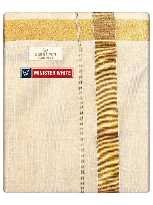 Mens Flexi Tissue Gold Colour Dhoti with Gold Jari Border Hero Tissue by Minister White