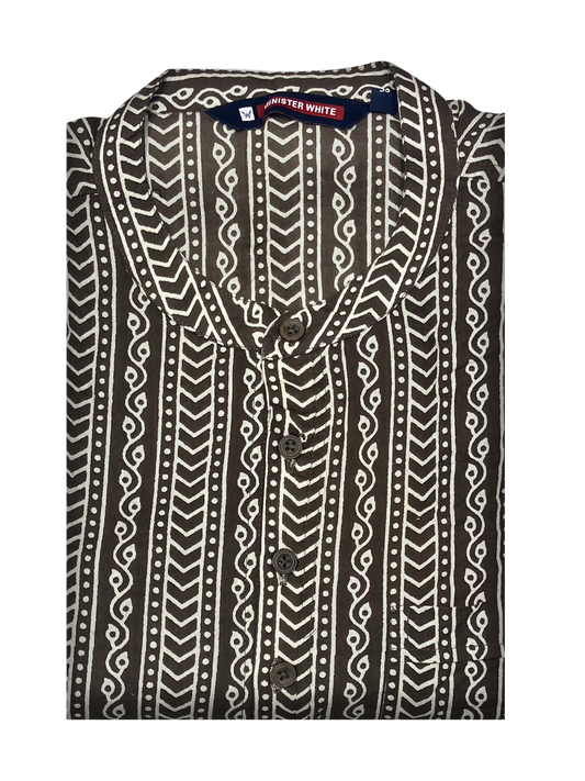 Mens Cotton Brown Colour Full Sleeves Short Kurta by Minister White