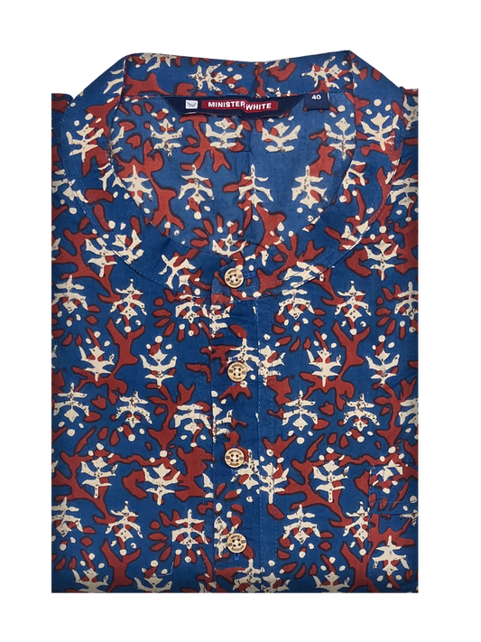 Mens Cotton Blue Colour Full Sleeves Short Kurta by Minister White