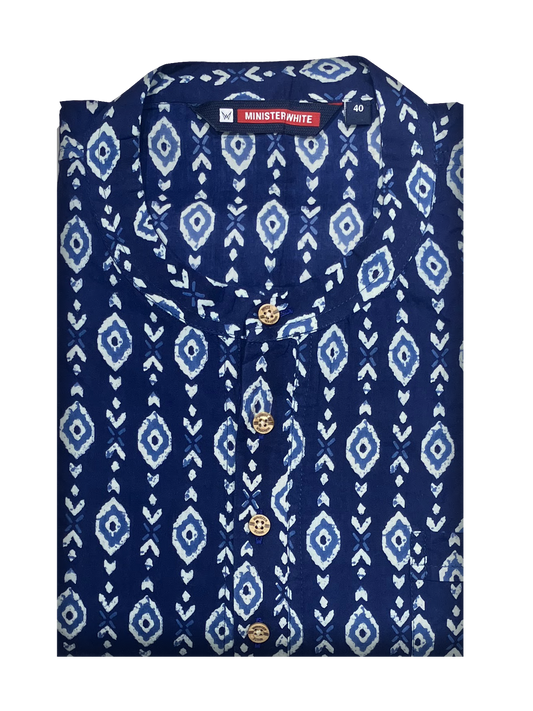 Mens Cotton Blue Colour Full Sleeves Short Kurta by Minister White